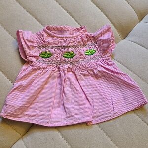 Vintage Cabbage Patch Kid Pink Gingham Baby Dress With Green Embroidery